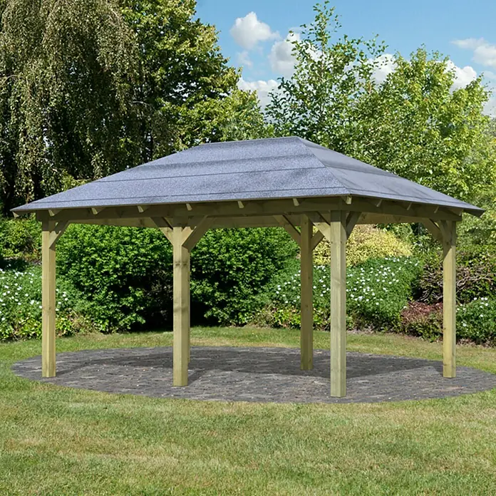 Karibu Pavillon Perida - 485 x 345 cm, Natur - Schöner Holzpavillon mit grauem Dach, ideal für den Garten. Die robuste Konstruktion bietet Schutz und ist ein Blickfang.