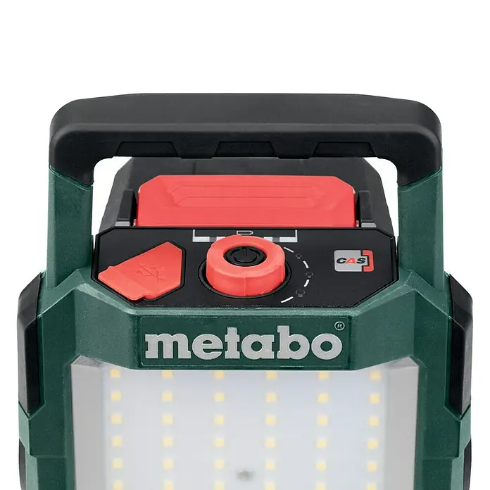 Metabo CAS 18V LED-Akkustrahler BSA 18 LED 4000 - 18 V, Ohne Akku - Nahaufnahme einer Metabo Akku-Baustellenleuchte mit Tragegriff, Bedienelementen und dem Metabo-Logo.