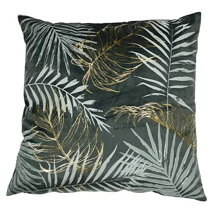 Kissen Meike - Darkest Spruce, 45 x 45 cm, 100 % Polyester - Quadratisches dunkelgraues Samtkissen mit weißem und metallic-goldenem Tropenblattmuster.