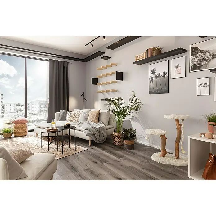 Regalux Wandboard XL4 - L x B x H: 23,5 x 118 x 3,8 cm, Schwarz, Belastbarkeit: 12 kg - Wohnzimmer mit stilvoller Einrichtung, darunter ein Kratzbaum für Katzen, Regale und Dekorationen für ein gemütliches Ambiente.