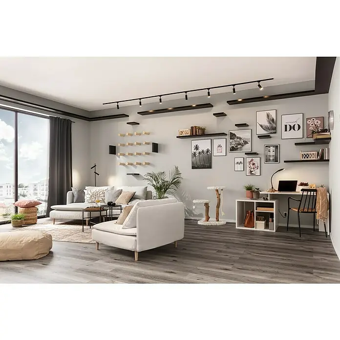 Regalux Wandboard XL4 - L x B x H: 23,5 x 118 x 3,8 cm, Schwarz, Belastbarkeit: 12 kg - Modernes Wohnzimmer mit bequemen Möbeln, stilvollen Regalen und einer hellen Arbeitsfläche. Die ideale Kombination aus Komfort und Funktionalität.