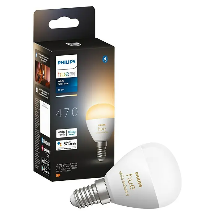 Philips Hue Smart-LED-Lampen Set White Ambiance Tropfen - E14, Dimmbar, Neutralweiß, 470 lm, 5,1 W, 1 Stk. - Philips Hue White Ambiance E14 Lampe mit Karton. Intelligente Beleuchtung für Ihr Zuhause, steuerbar per App oder Sprachassistent.