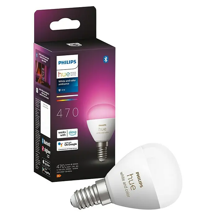 Philips Hue Smart-LED-Lampen Set White & Color Ambiance Tropfen - E14, Dimmbar, RGBW, 470 lm, 5,1 W, 1 Stk. - Ein Philips Hue White and Color Ambiance E14 Leuchtmittel mit Verpackung, das intelligente Beleuchtung für Ihr Zuhause bietet.