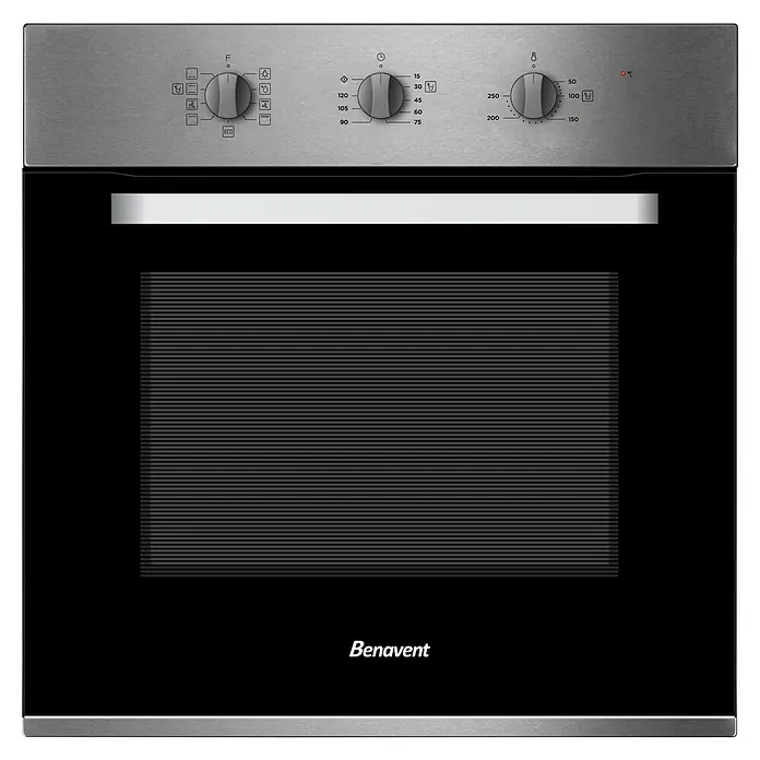 Benavent Set de horno y zona de cocción CHVBM703 - Volumen horno: 65 l, Zonas de cocción: 3 ud., Negro/Acero inoxidable - Horno Benavent con bisel plateado y puerta de vidrio negro para un diseño de cocina moderno.