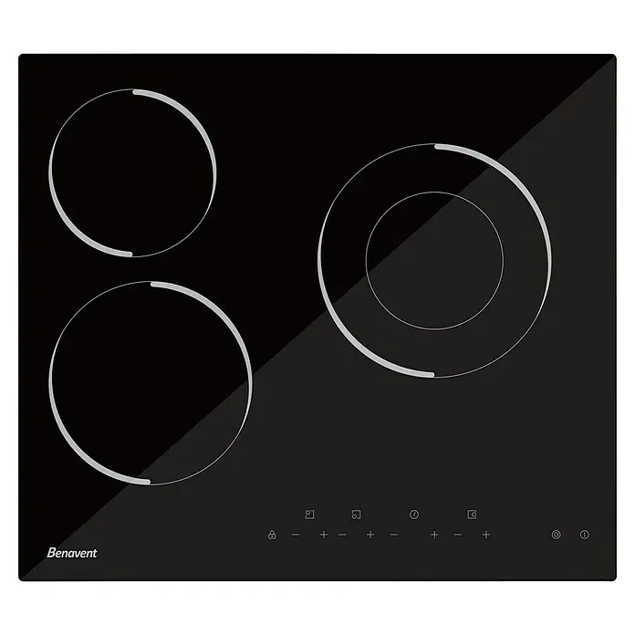 Benavent Set de horno y zona de cocción CHVBM703 - Volumen horno: 65 l, Zonas de cocción: 3 ud., Negro/Acero inoxidable - Placa de inducción negra Benavent con tres zonas de cocción y controles táctiles para una cocina precisa.