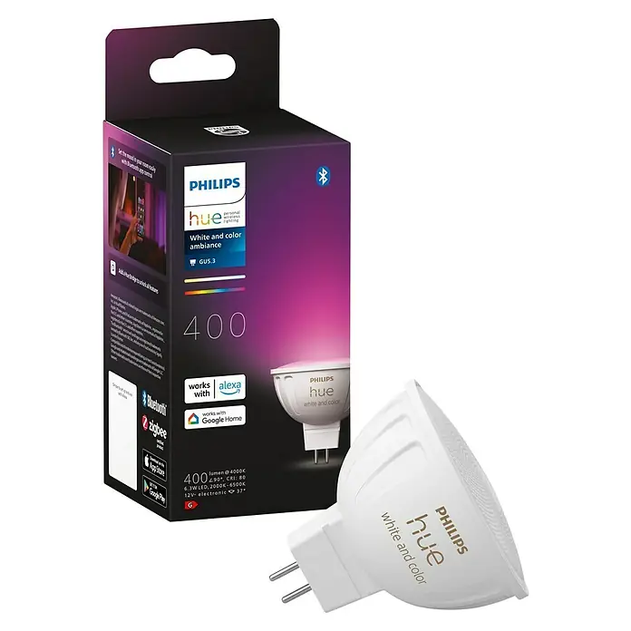Philips Hue Smart-LED-Lampen Set White & Color Ambiance MR16 - GU5,3, Dimmbar, RGBW, 350 lm, 5,1 W, 1 Stk. - Ein Philips Hue GU5.3 Leuchtmittel mit Farbwechsel und eine zugehörige Produktverpackung sind abgebildet.