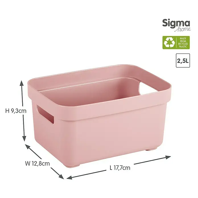 Sunware Aufbewahrungsbox Sigma Home - L x B x H: 17,7 x 12,8 x 9,3 cm, Kunststoff, Rosa - Produktfoto einer rosafarbenen Sigma Home Aufbewahrungsbox aus recyceltem Kunststoff mit den Maßen 17,7 x 12,8 x 9,3 cm und einem Fassungsvermögen von 2,5 Litern.