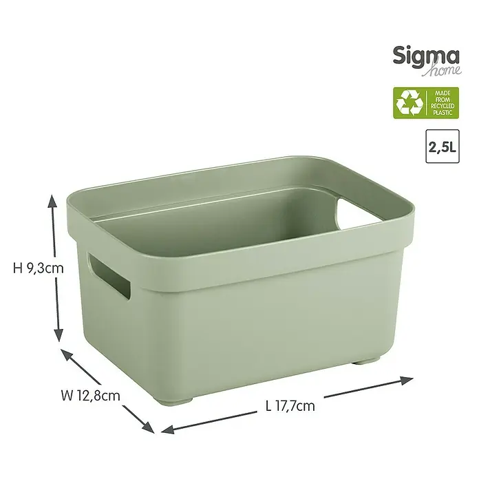 Sunware Aufbewahrungsbox Sigma Home - L x B x H: 17,7 x 12,8 x 9,3 cm, Kunststoff, Hellgrün - Ein grüner Sigma Home Aufbewahrungsbehälter aus recyceltem Kunststoff mit den Maßen 17,7x12,8x9,3 cm und einem Fassungsvermögen von 2,5 Litern.