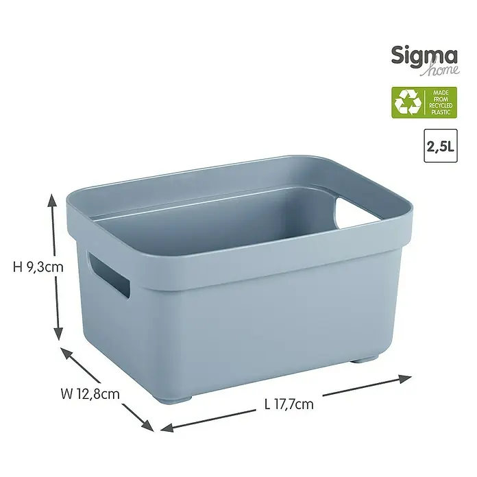 Sunware Aufbewahrungsbox Sigma Home - L x B x H: 17,7 x 12,8 x 9,3 cm, Kunststoff, Blaugrau - Produktansicht: Ein blauer Sigma Home Kunststoff-Aufbewahrungsbehälter aus recyceltem Material mit den Maßen H 9,3cm, B 12,8cm und L 17,7cm.
