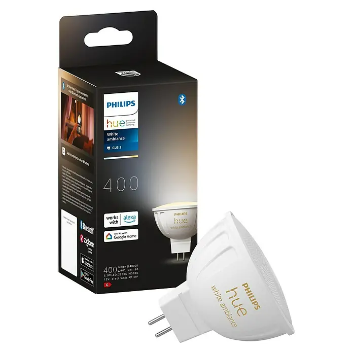 Philips Hue Smart-LED-Lampen Set White Ambiance MR16 - GU5,3, Dimmbar, Neutralweiß, 350 lm, 5,1 W, 1 Stk. - Eine Philips Hue White Ambiance GU5.3 LED-Lampe mit 400 Lumen und variabler Farbtemperatur, neben ihrer Verpackung dargestellt.
