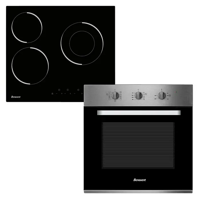 Benavent Set de horno y zona de cocción CHVBM703 - Volumen horno: 65 l, Zonas de cocción: 3 ud., Negro/Acero inoxidable - Aquí hay un horno empotrable Benavent negro con horno de acero inoxidable y encimera.