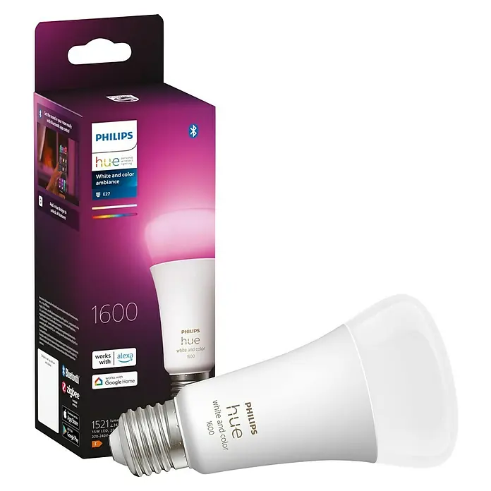 Philips Hue Smart-LED-Lampen Set White & Color - E27, Dimmbar, Warmweiß, 1.600 lm, 13,5 W, 1 Stk. - Philips Hue White and Color Ambiance 1600 Lampe und Verpackung. Intelligente Beleuchtung für Ihr Zuhause mit vielfältigen Farboptionen.