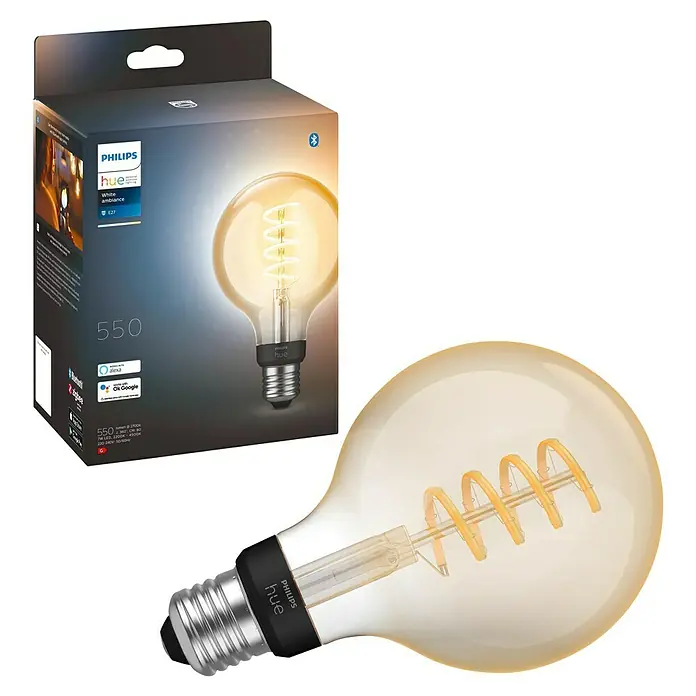 Philips Hue Smart-LED-Lampe White Ambiance Filament - E27, Dimmbar, Warmweiß, 550 lm, 7 W, Lampenbezeichnung: G93, 1 Stk. - Produktabbildung einer Philips Hue White Ambiance Glühbirne in Vintage-Optik, die warmes, dimmbares Licht für eine gemütliche Atmosphäre bietet.