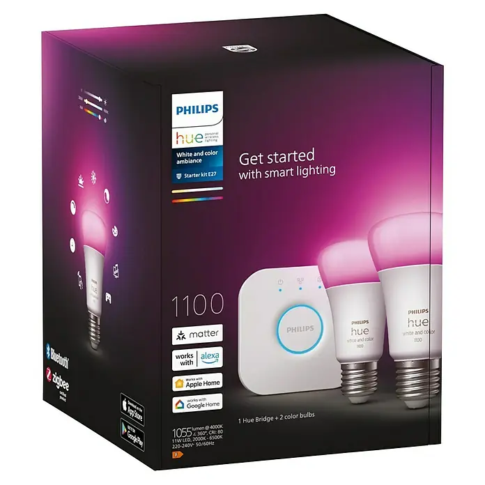 Philips Hue Smart-LED-Lampen Set - E27, Dimmbar, RGBW, 1.100 lm, 9 W - Produktverpackung: Philips Hue White and Color Ambiance Starter Kit E27 mit Bridge und zwei farbigen Glühbirnen für intelligentes Licht.