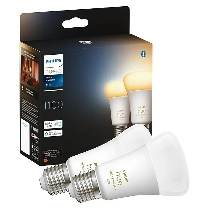 Philips Hue Smart-LED-Lampen Set White Ambiance - E27, Dimmbar, Warmweiß, 1.100 lm, 8 W, 2 Stk. - Nahaufnahme der Philips Hue White Ambiance 1100 Starterpackung mit zwei smarten LED-Lampen mit E27-Sockel.