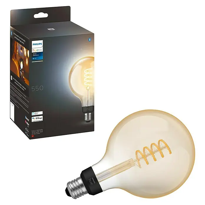 Philips Hue Smart-LED-Lampe White Ambiance Filament - E27, Dimmbar, Warmweiß, 550 lm, 7 W, Lampenbezeichnung: G125, 1 Stk. - Philips Hue White Ambiance 550 Glühbirne, ein smartes Beleuchtungsprodukt für stimmungsvolles Licht in jedem Raum mit Bluetooth-Steuerung.