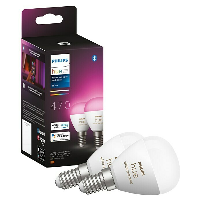 Philips Hue Smart-LED-Lampen Set White & Color Ambiance Tropfen (E14, Dimmbar, RGBW, 470 lm, 5,1 W, 2 Stk.) | BAUHAUS