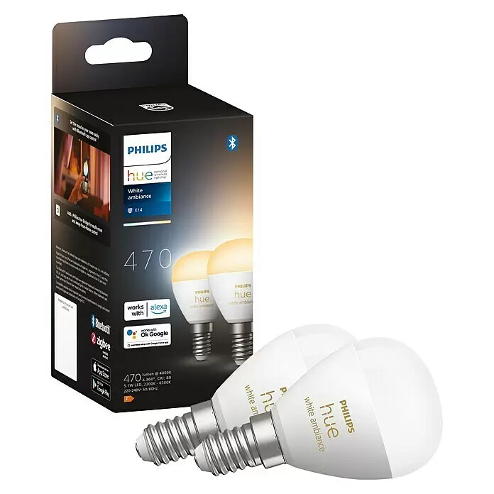 Philips Hue Smart-LED-Lampen Set White Ambiance TropfenE14, Dimmbar, Neutralweiß, 470 lm, 5,1 W, 2 Stk.