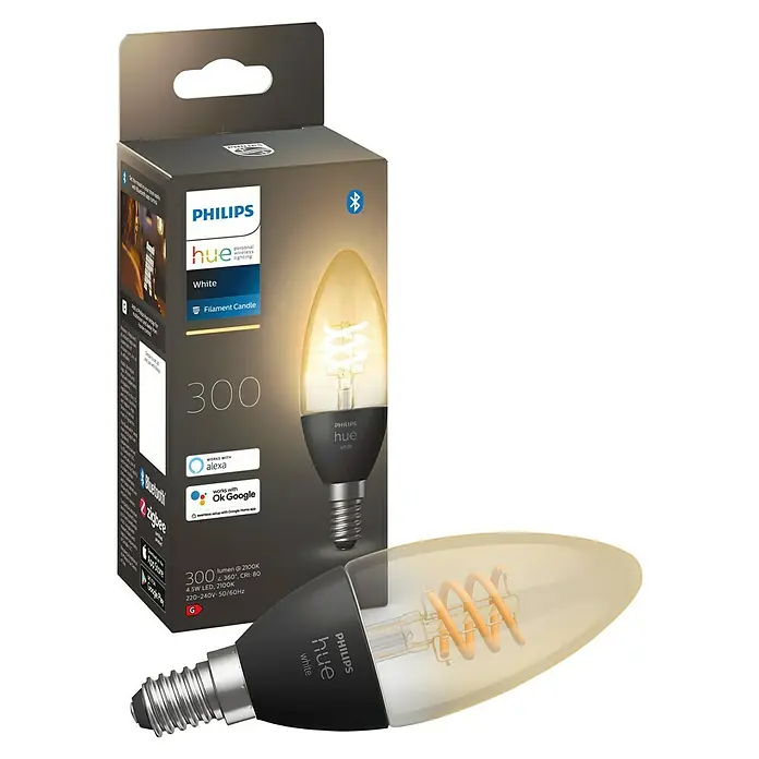 Philips Hue Smart-LED-Lampen Set Smart Vintage E27 - E14, Dimmbar, Warmweiß, 300 lm, 4,5 W, 1 Stk. - Nahaufnahme einer Philips Hue White Filament Candle Lampe und ihrer Verpackung.