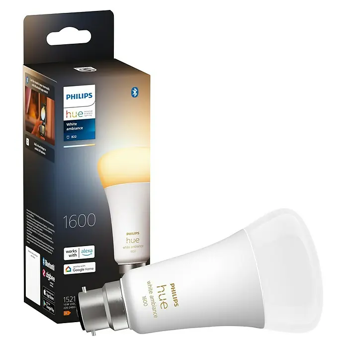 Philips Hue Smart-LED-Lampen Set White AmbianceE27, Dimmbar, Warmweiß, 1.600 lm, 13 W, 1 Stk. - Philips Hue White Ambiance Lampe und Verpackung. Smarte LED-Lampe mit verschiedenen Weißtönen und Steuerung per App.