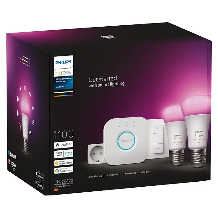 Philips Hue Smart-LED-Lampen-Set White & Color Ambiance - E27, Dimmbar, Warmweiß, 806 lm - 1.055 lm, 9 W - Das Philips Hue White and Color Ambiance Starter Kit E27 mit 1100 Lumen bietet intelligentes Licht für Ihr Zuhause, steuerbar per App.