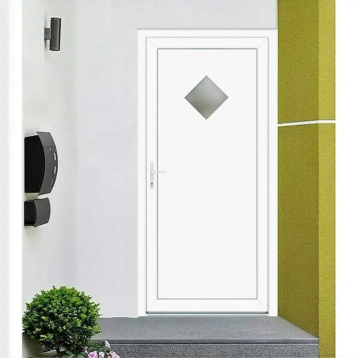 Nebeneingangstür KF-04 - 98 x 198 cm, DIN Anschlag: Links, Weiß - Eine moderne, weiße Haustür mit einem rautenförmigen Fenster für ein stilvolles und helles Entree.