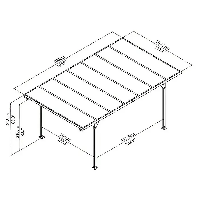 Palram – Canopia Carport Verona 5000 - Medidas ext. (An x Pr): 5,04 x 2,99 m, Aluminio, Carport adecuado para: Turismos - Vista dimensional del mirador de jardín, que mide 500cm de largo, 297.5cm de ancho y 218cm de alto.
