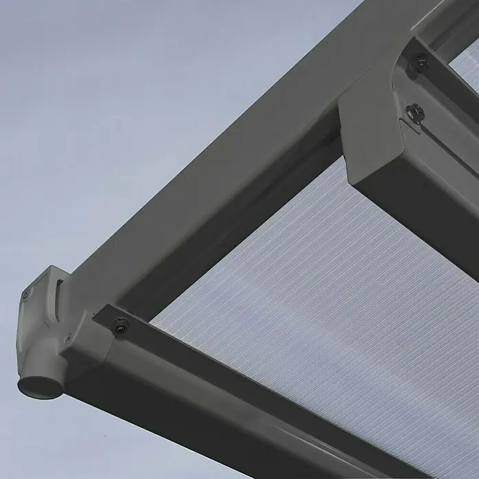 Palram – Canopia Carport Verona 5000 - Medidas ext. (An x Pr): 5,04 x 2,99 m, Aluminio, Carport adecuado para: Turismos - Primer plano de una cubierta de patio gris con un techo transparente, que brinda protección y estilo.