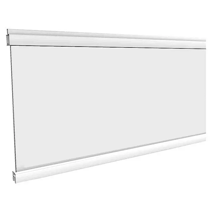 T & J Zaunelement Ecosteck - 1.800 x 20 x 280 mm, Aluminium, Glas, Silber - Weißes Rollo mit oberer Kassette und unterer Schiene, teilweise ausgerollt.