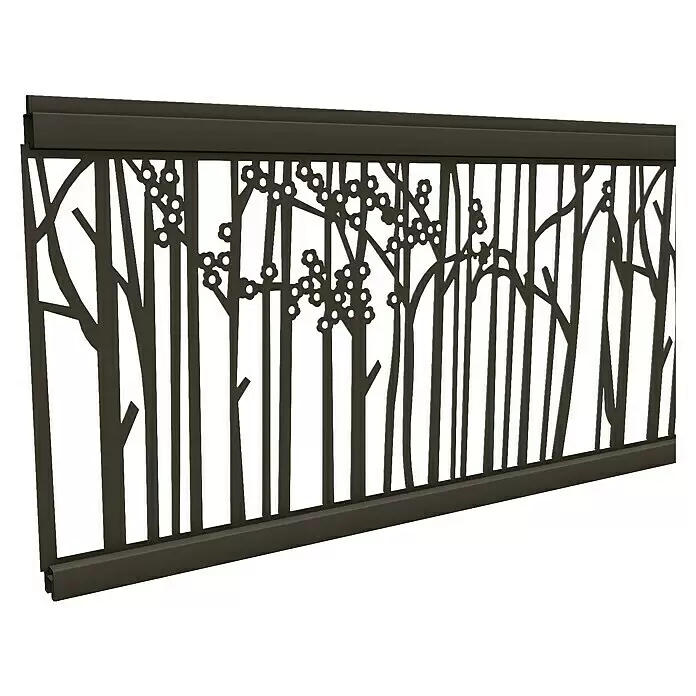 T & J Zaunelement Ecosteck - 1.800 x 20 x 280 mm, Aluminium, Bambus, Silber - Dunkelgraues Metallgeländer mit lasergeschnittenem Baum- und Blütenmuster.
