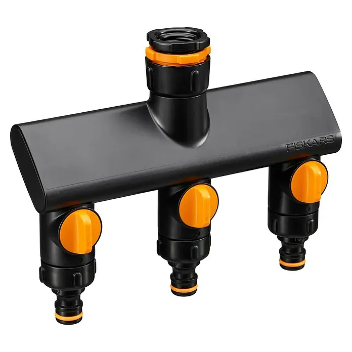 Fiskars 3-Wege-Umschaltventil - Ø 21 mm (G 1/2"), Ø 26,5 mm (G 3/4"), Ø 33,3 mm (G 1") - Der Fiskars Wasserverteiler ermöglicht die gleichzeitige Bewässerung mehrerer Bereiche im Garten. Praktisch und einfach zu bedienen.