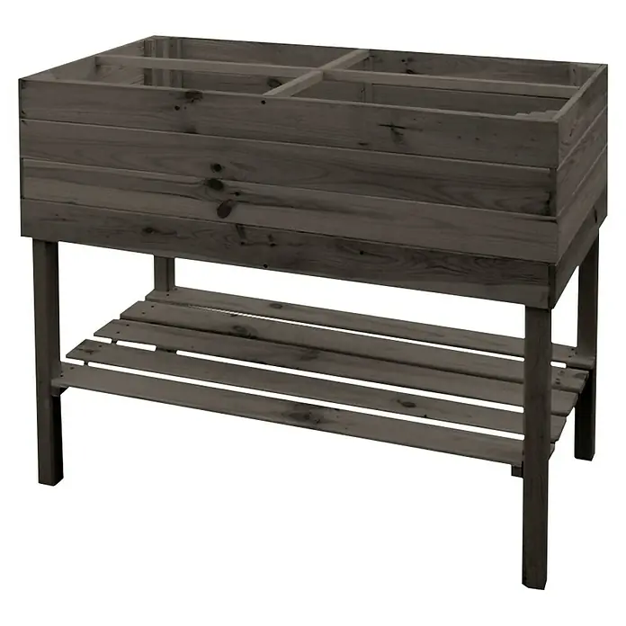 Promadino Hochbeet - 100 x 50 x 80 cm, Holz, Anthrazit - Das Bild zeigt einen erhöhten, hölzernen Pflanzkasten mit Ablagefläche, ideal für Gartenliebhaber, die bequem gärtnern möchten.