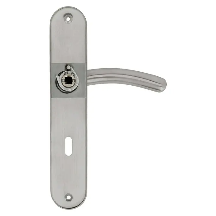 Diamond Doors Modern Zimmertürgarnitur Virginia - Edelstahl, Stärke Tür: 38 mm - 45 mm, Buntbart - Nahaufnahme eines Türgriffs aus Edelstahl mit länglicher Platte und gebogenem Griff. Ideal für moderne Inneneinrichtungen.