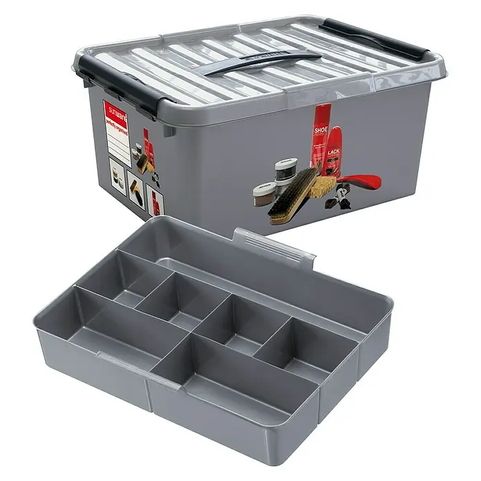 Sunware Schuhbox Q-Line - L x B x H: 40 x 30 x 18 cm, Kunststoff - Bild eines grauen Schuhputzkastens mit herausnehmbarem Einsatz, ideal zur Aufbewahrung von Schuhpflegeprodukten.