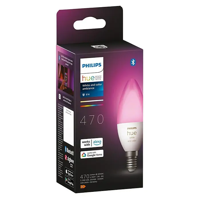Philips Hue Smart-LED-Lampe White & Color Ambiance - E14, Dimmbar, RGBW, 470 lm, 5,3 W - Das Philips Hue White and Color Ambiance E14 Leuchtmittel mit 470 Lumen bietet eine Vielzahl von Farben und lässt sich einfach per App steuern.