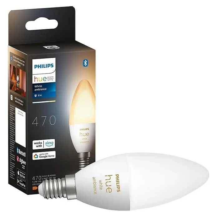 Philips Hue Smart-LED-Lampe White Ambiance - E14, Dimmbar, Warmweiß, 470 lm, 5,2 W - Philips Hue White Ambiance E14 Lampe und Verpackung. Smart Home Beleuchtung für individuelle Lichtstimmungen.