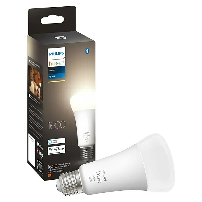 Philips Hue Smart-LED-Lampe White - E27, Dimmbar, Warmweiß, 1.600 lm, 15,5 W, 1 Stk. - Produktfoto der smarten Philips Hue White Lampe mit Verpackung, die Funktionen wie Alexa- und Google-Integration hervorhebt.