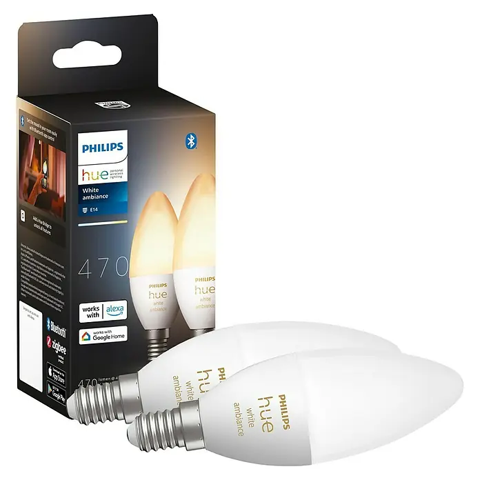 Philips Hue Smart-LED-Lampen Set White Ambiance - E14, Dimmbar, Warmweiß, 470 lm, 5,2 W, 2 Stk. - Philips Hue White Ambiance E14 Lampen: Intelligente Beleuchtung für Ihr Zuhause mit anpassbarer Farbtemperatur und einfacher Steuerung.