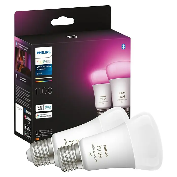 Philips Hue Smart-LED-Lampen Set White & ColorE27, Dimmbar, RGBW, 1.100 lm, 11 W, 2 Stk. - Produktfoto von Philips Hue White and Color Ambiance 1100 E27 LED-Lampen, die intelligentes Licht für Ihr Zuhause bieten.