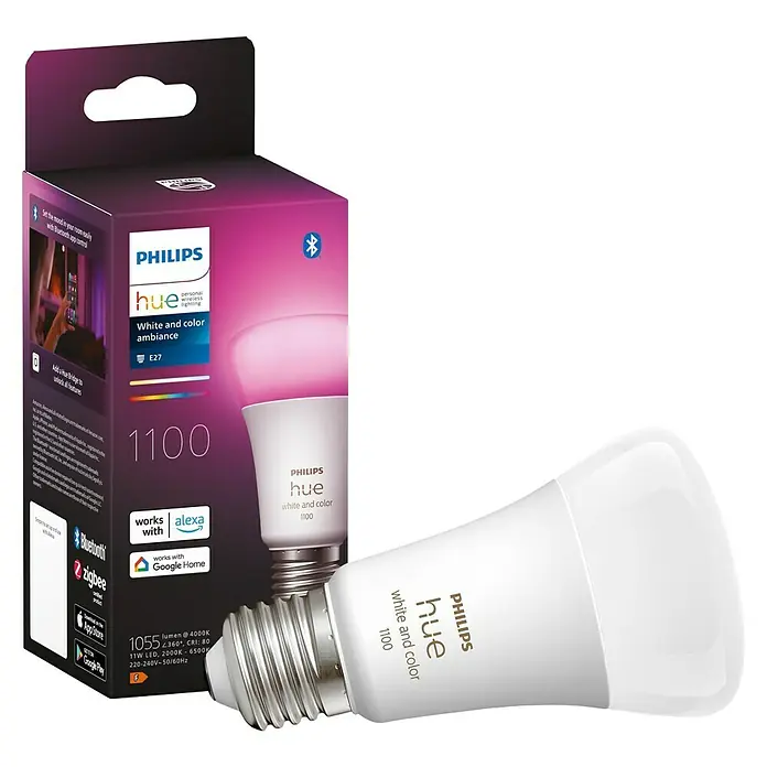 Philips Hue Smart-LED-Lampen Set White & Color - E27, Dimmbar, RGBW, 1.100 lm, 9 W, 1 Stk. - Eine Philips Hue White and Color Ambiance Lampe mit E27-Sockel, die über Bluetooth und Zigbee steuerbar ist, zusammen mit ihrer Verpackung.
