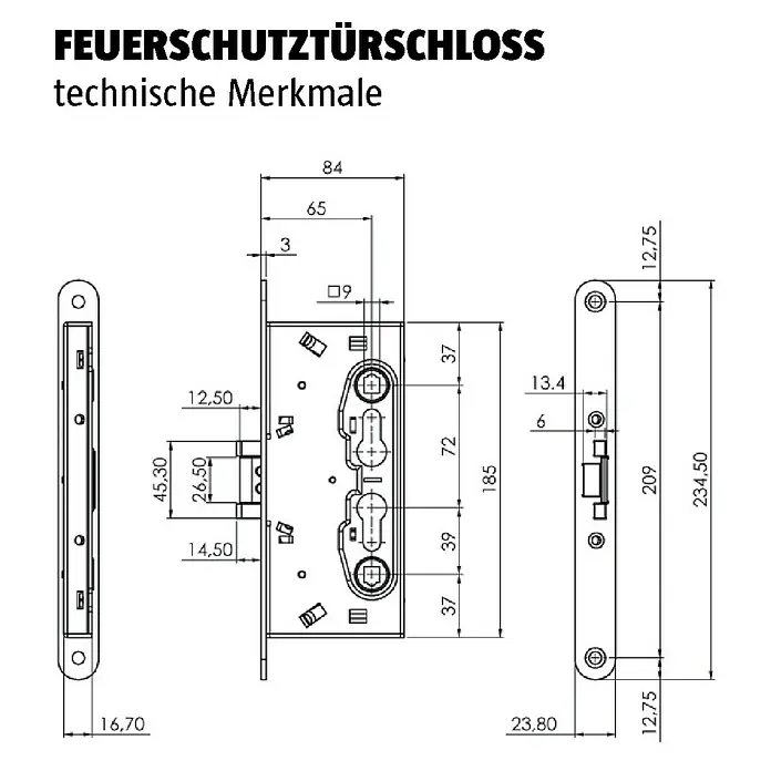 Padilla ZK-Element Classic Plus - 87,5 x 187,5 cm, DIN Anschlag: Rechts, Verzinkt - Technische Zeichnung eines FEUERSCHUTZTÜRSCHLOSS mit detaillierten Maßangaben für Installation und Design.
