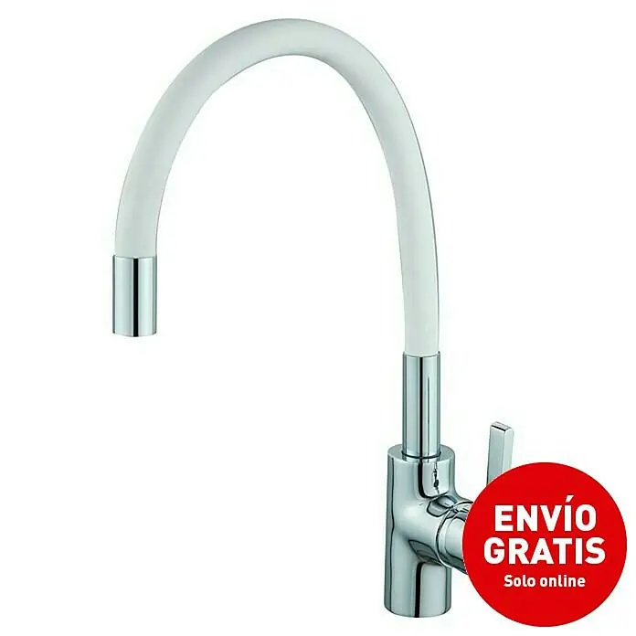 Universal de Grifería Grifo de cocina Timanfaya - Cromo/Blanco, Mate - Imagen del producto de un grifo de cocina moderno con un caño flexible blanco y cuerpo cromado brillante.