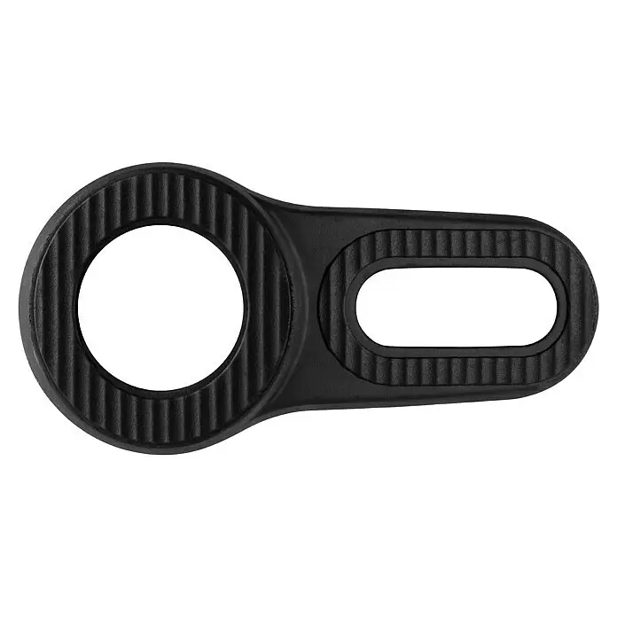 Walteco Tür- & Fensterstopper - L x H: 120 x 38 mm, Schwarz - Schwarzes Kunststoffteil mit einer großen runden und einer länglichen ovalen Öffnung, beide gerippt.