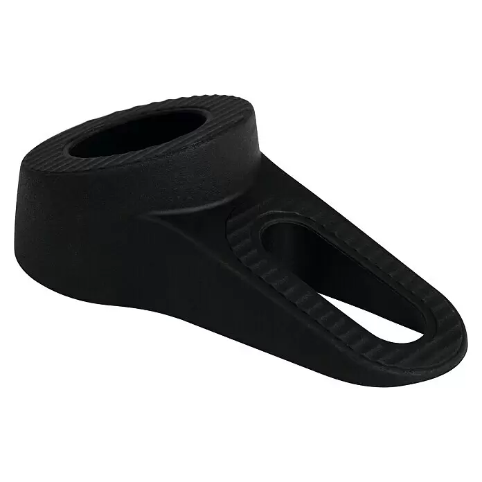 Walteco Tür- & Fensterstopper - L x H: 120 x 38 mm, Schwarz - Schwarze, keilförmige Halterung mit gerippter Textur, einer ovalen Öffnung und einem U-förmigen Schlitz.