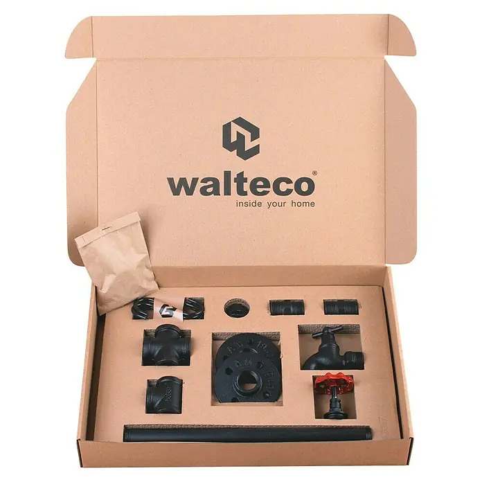 Walteco Rusticline Hakenleiste mit Haken - L x B x H: 28 x 40 x 6 cm, Stahl, Schwarz - Walteco-Produktset in einer offenen Pappschachtel, bestehend aus verschiedenen schwarzen Metallrohrteilen und einem Beutel.