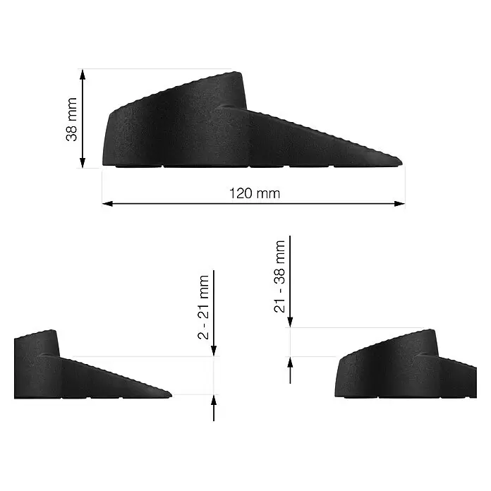 Walteco Tür- & Fensterstopper - L x H: 120 x 38 mm, Schwarz - Schwarzer Türkeil, 120 mm lang, max. 38 mm hoch, für Türspalte von 2 bis 38 mm.