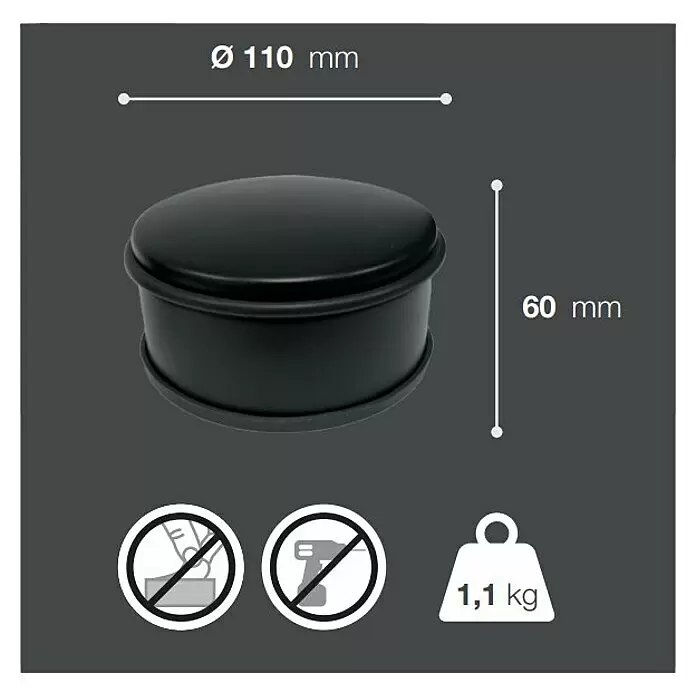 Walteco Bodentürstopper - Ø x H: 110 x 60 mm, Metall - Schwerer schwarzer runder Türstopper mit 110mm Durchmesser, 60mm Höhe und 1,1kg Gewicht.