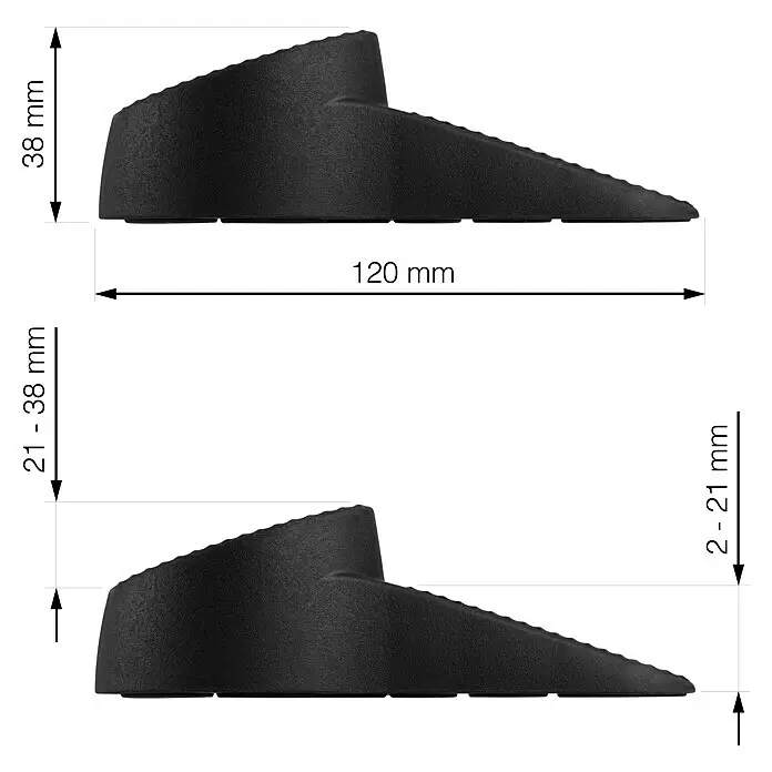 Walteco Tür- & Fensterstopper - L x H: 120 x 38 mm, Schwarz - Schwarzer, texturierter Türkeil, 120mm lang, mit maximal 38mm Höhe, zu einer dünnen Kante zulaufend.