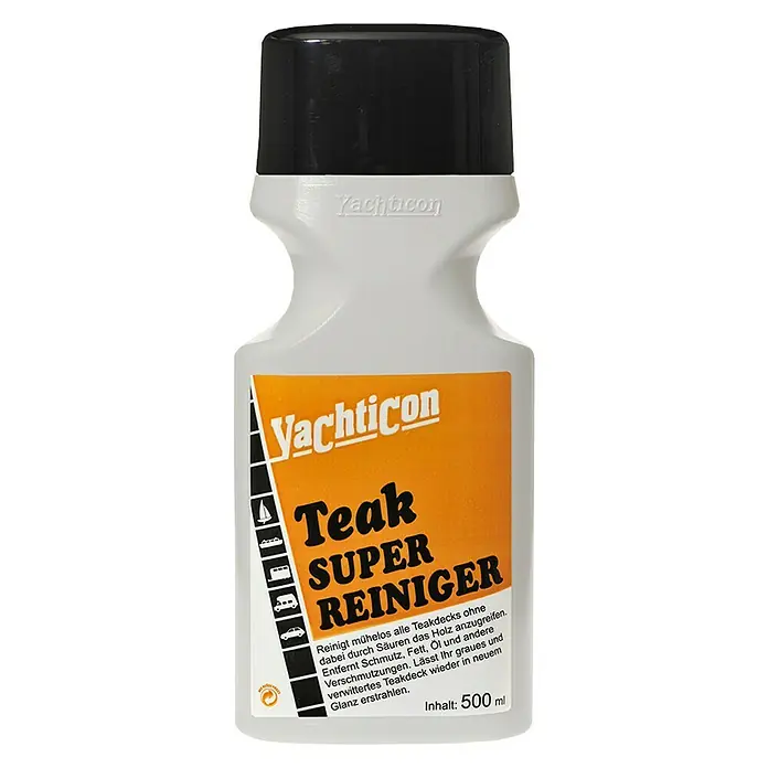 Yachticon Teakreiniger - 500 ml - Das Bild zeigt eine Flasche Yachticon Teak Super Reiniger, ein Reinigungsmittel für Teakdecks, das Schmutz, Fett und Öl entfernt und den Glanz wiederherstellt.