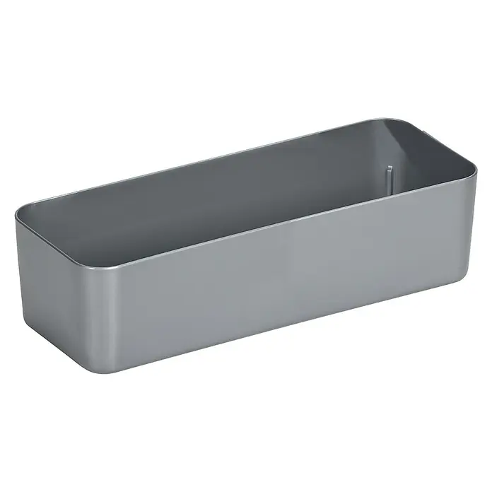 Sunware Aufbewahrungsbox Q-Line Basket - L x B x H: 18,2 x 7 x 4,8 cm, Kunststoff, Metallfarbig - Ein grauer, leerer rechteckiger Behälter, ideal für die Aufbewahrung von Büroartikeln oder anderen kleinen Gegenständen.